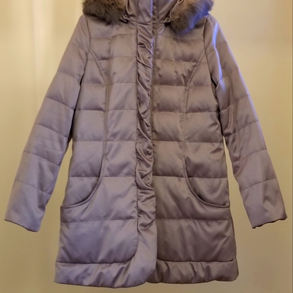 EUC TAHARI SATIN PEWTER WINTER JACKET / COAT HOOD REAL RABBIT FUR SIZE L